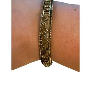Vintage Gold-Tone Ornate Scroll & Mesh Bangle Bracelet 7 Inch